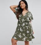 New Look Curve Floral Wrap Dress - Green