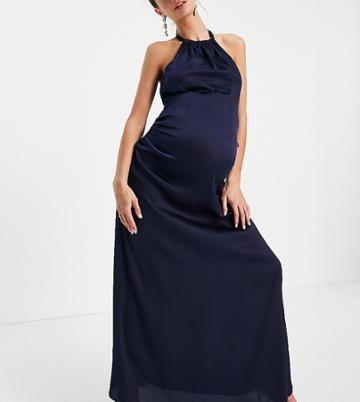 Little Mistress Maternity Halter Neck Asymmetric Midaxi Dress In Navy