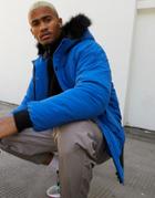 Asos Design Puffer Jacket In Cobalt Blue With Fur Hood