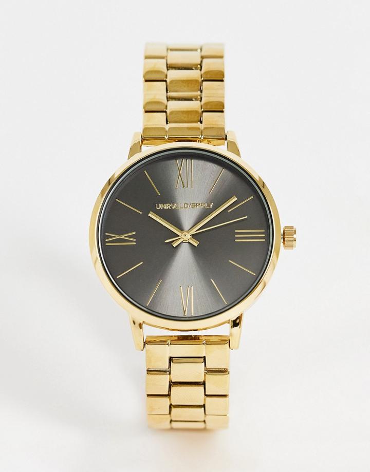 Asos Design Skinny Bracelet Watch With Gunmetal Face In Gold Tone-gray