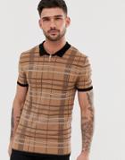 River Island Half Zip Knitted Polo In Tan Check - Tan