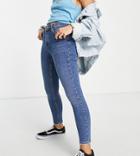 Topshop Petite Jamie Recycled Cotton Blend Jean With Abraided Hem In Mid Blue-blues