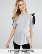Asos Maternity Tall Top With Cold Shoulder And Woven Ties - Gray