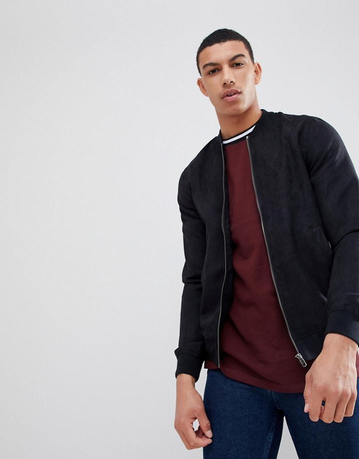 Pull & Bear Faux Suede Bomber Jacket In Black - Black