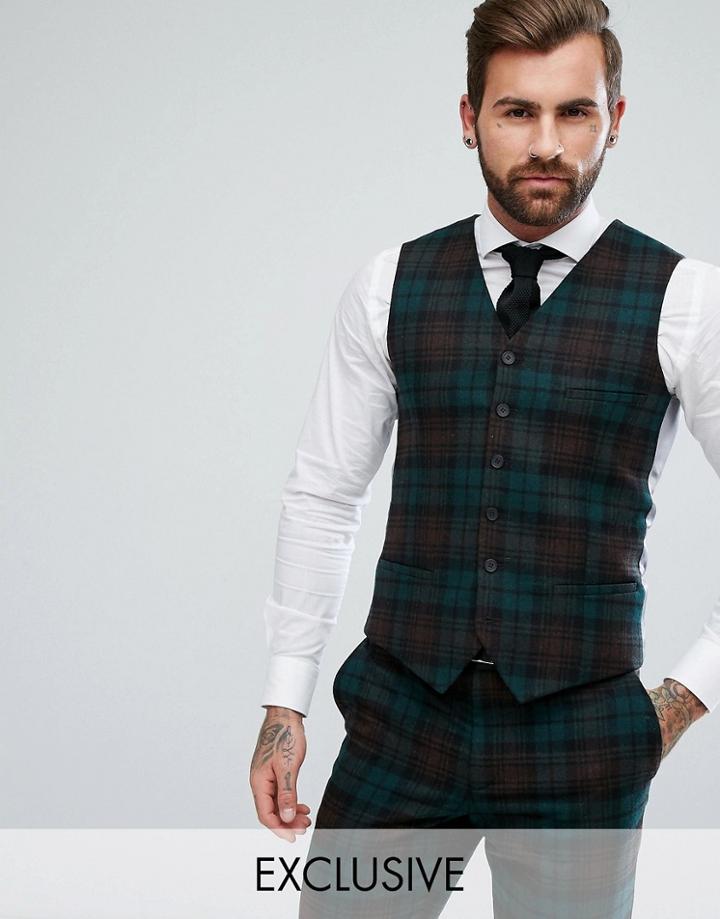 Heart & Dagger Slim Suit Vest In Plaid - Green