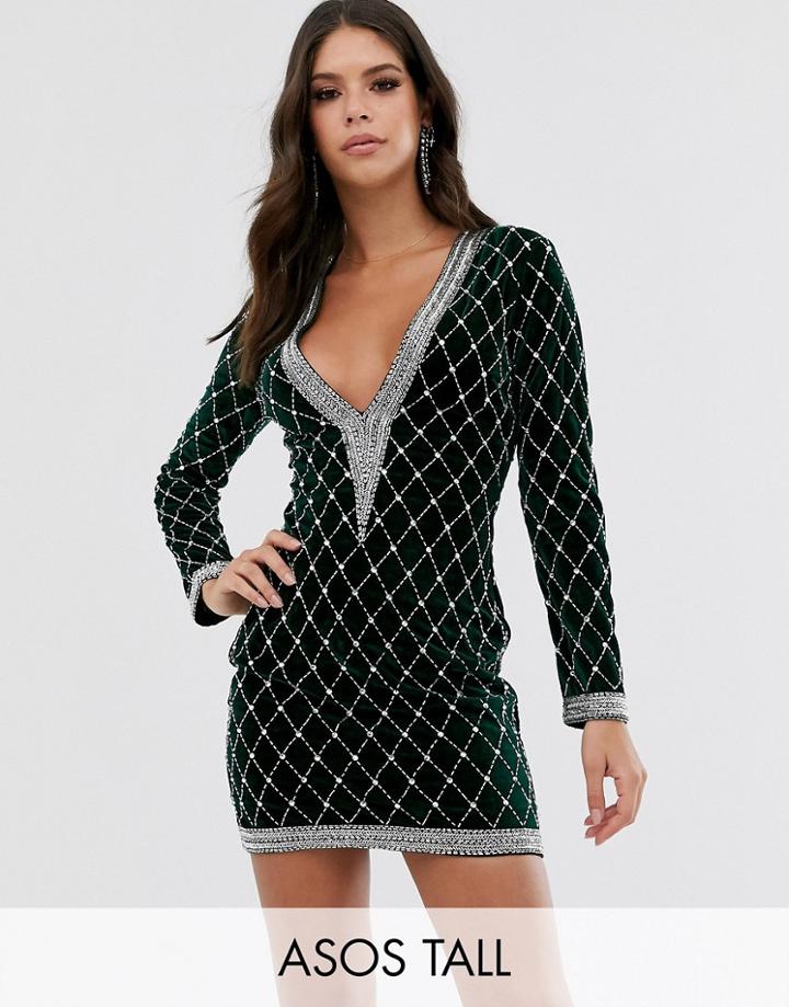 Asos Design Tall Long Sleeve Velvet Embellished Plunge Mini Dress