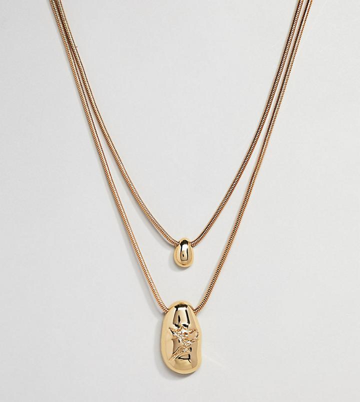 Asos Design Curve Gold Plated Fluid Shape And Crushed Metal Multirow Necklace - Gold