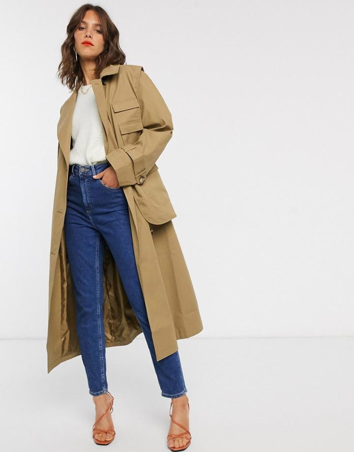 Asos Design Hybrid Utility Trench Coat In Camel