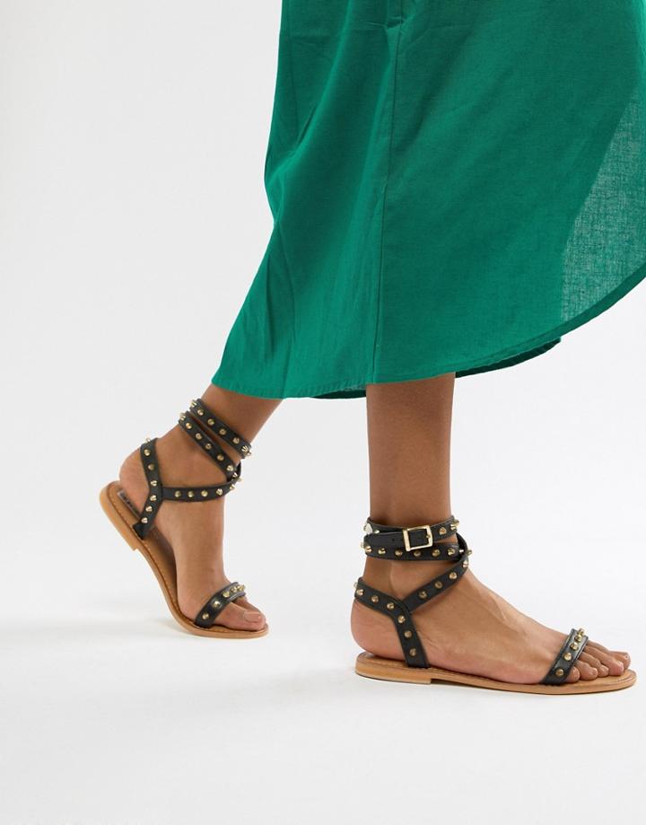 Asos Design Fion Leather Studded Flat Sandals - Black