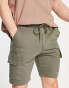 Asos Design Jersey Shorts With Cargo Pockets In Khaki-green