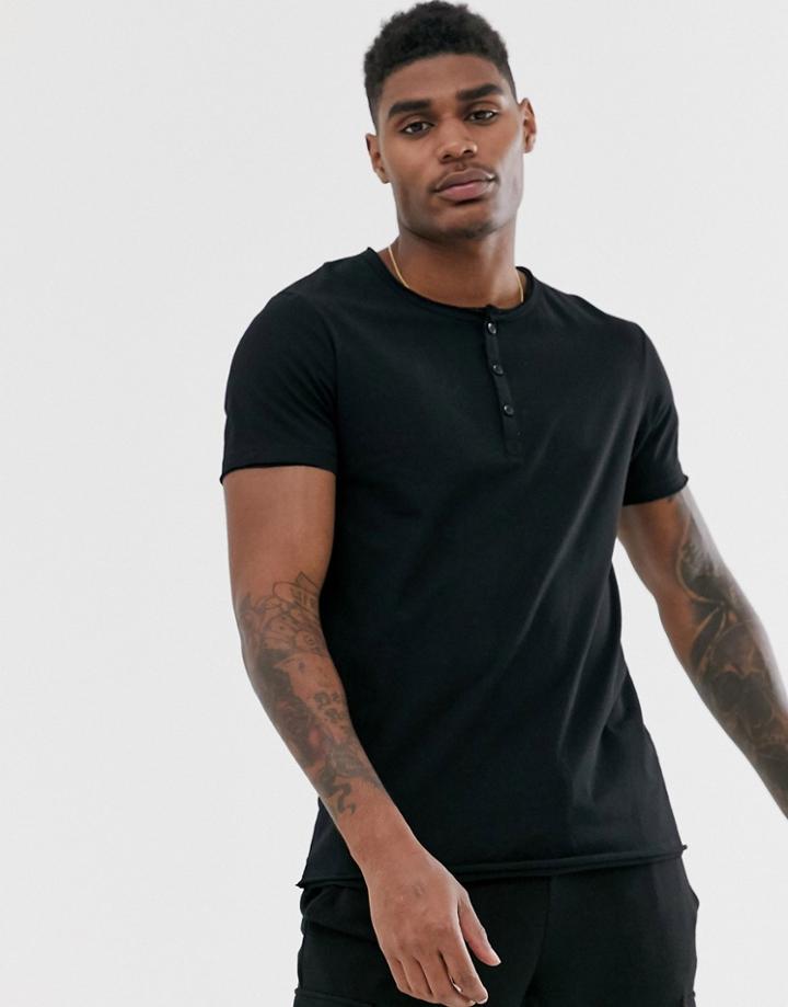 Asos Design T-shirt With Button Scoop Neck In Black - Black
