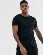 Asos Design T-shirt With Button Scoop Neck In Black - Black