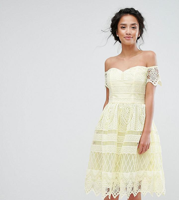 Chi Chi Petite Premium Lace Off The Shoulder Paneled Lace Midi Dress - Yellow