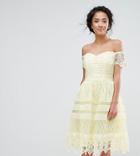Chi Chi Petite Premium Lace Off The Shoulder Paneled Lace Midi Dress - Yellow