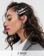 Asos Design Pack Of 2 Hair Clips In Crush Slogan With Crystal Hearts In Silver Tone - Silver