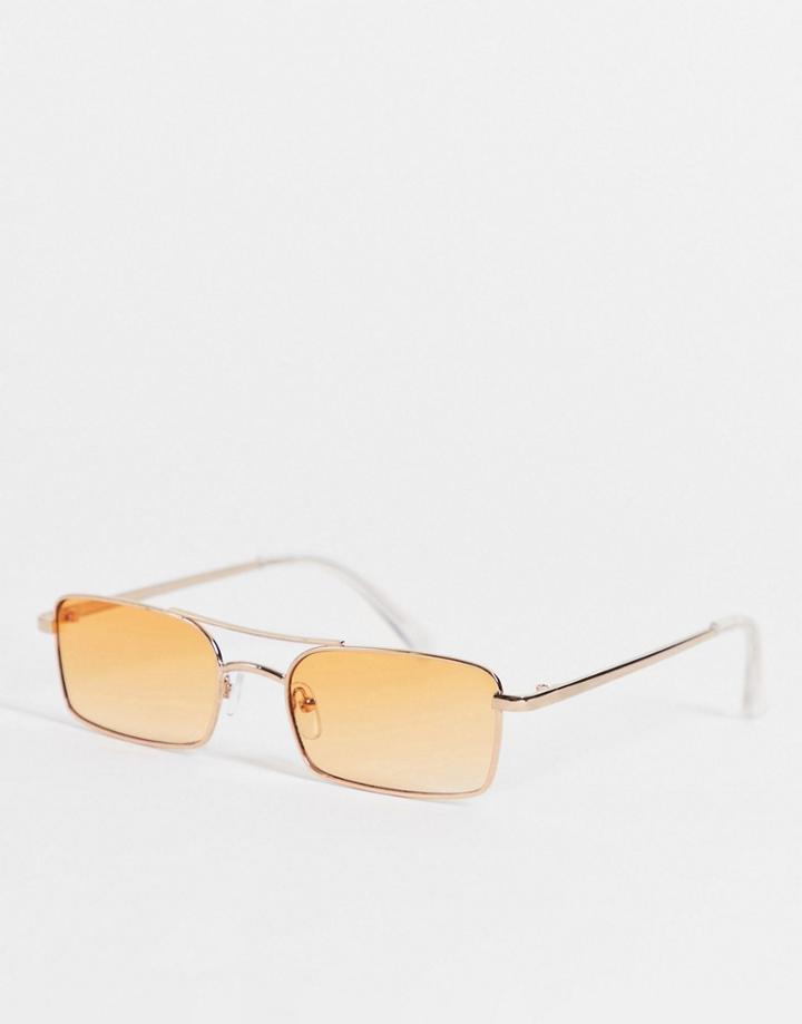 Asos Design Slim Square Aviator With Orange Gradient Lens In Gold