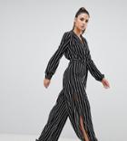 Parallel Lines Pinstripe Jumpsuit With Split Legs - Black