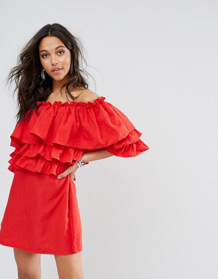 Boohoo Off The Shoulder Ruffle Shift Dress - Red