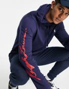 Polo Ralph Lauren Back And Arm Logo Hooded Long Sleeve Top In Cruise Navy
