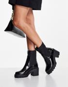 River Island Patent Quilted Chunky Heeled Gusset Boot In Black