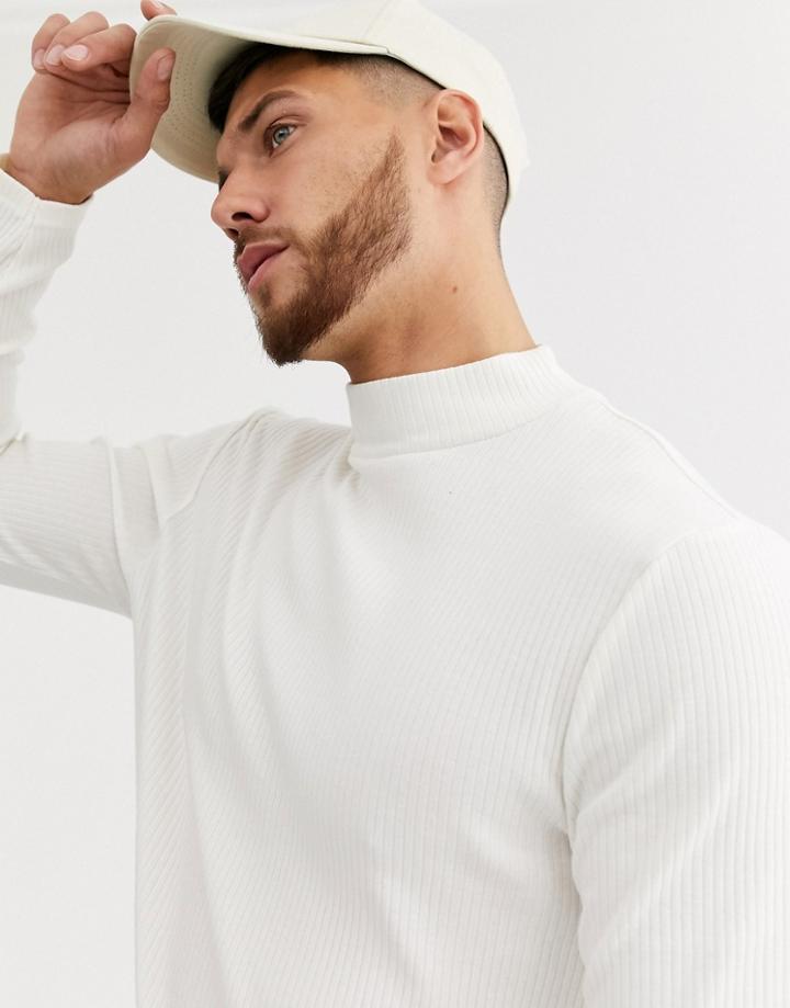 River Island Long Sleeved Ribbed Turtleneck T-shirt In Stone