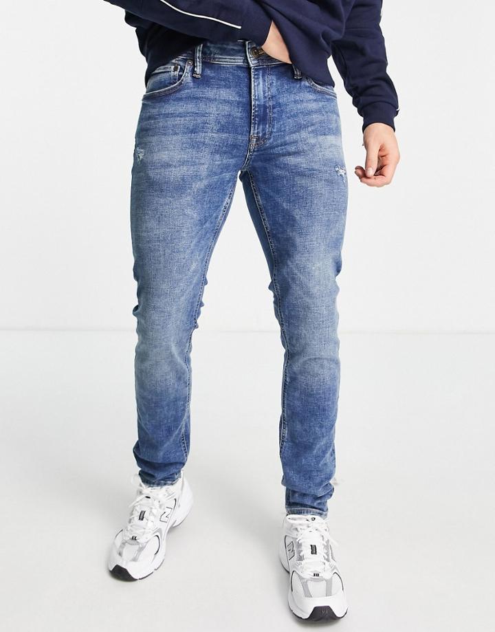 Jack & Jones Intelligence Liam Skinny Jeans In Super Stretch Mid Wash Blue-blues
