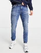 Jack & Jones Intelligence Liam Skinny Jeans In Super Stretch Mid Wash Blue-blues