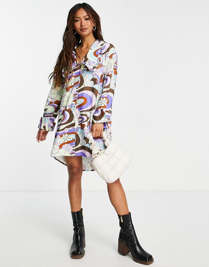 Damson Madder Organic Cotton Psychedelic Print Statement Collar Mini Dress In Multi-purple