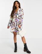 Damson Madder Organic Cotton Psychedelic Print Statement Collar Mini Dress In Multi-purple