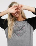 Dkny 3/4 Length Top With Raglan Sleeves And Heart Print In Gray-grey