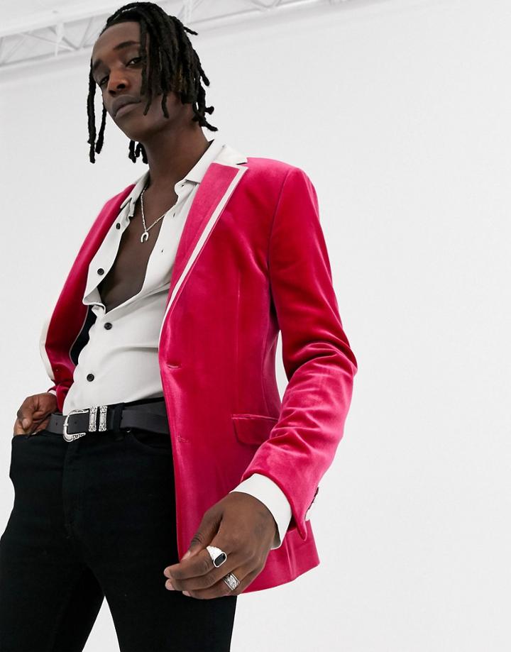 Asos Design Super Skinny Velvet Tuxedo Blazer In Pink