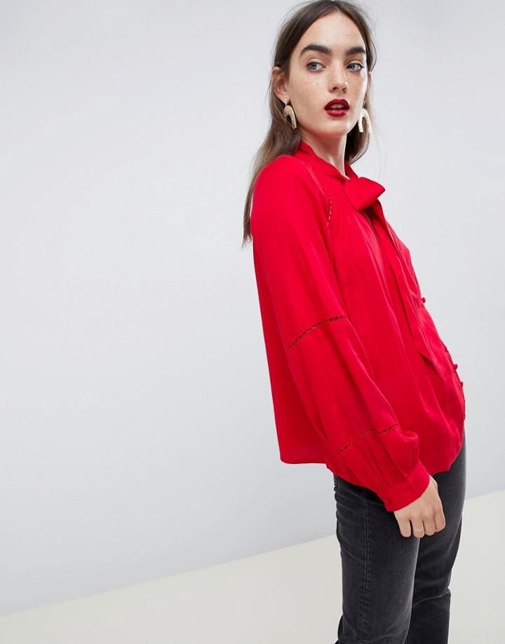 Asos Design Wrap Top With Button Detail And Tie Neck - Red