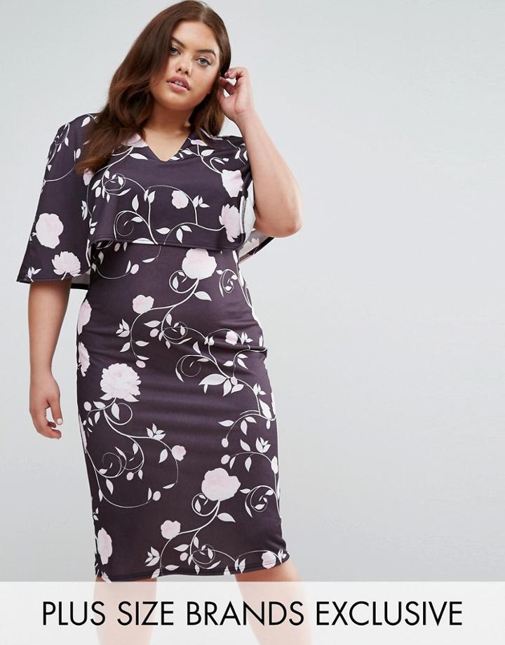 Club L Plus Floral Print Cape Overlay Midi Dress - Multi