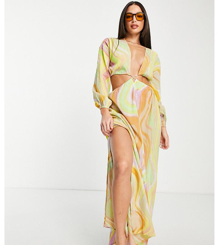 Asos Design Tall Cut Out Lattice Waist Maxi Beach Dress In Swirl Print-multi