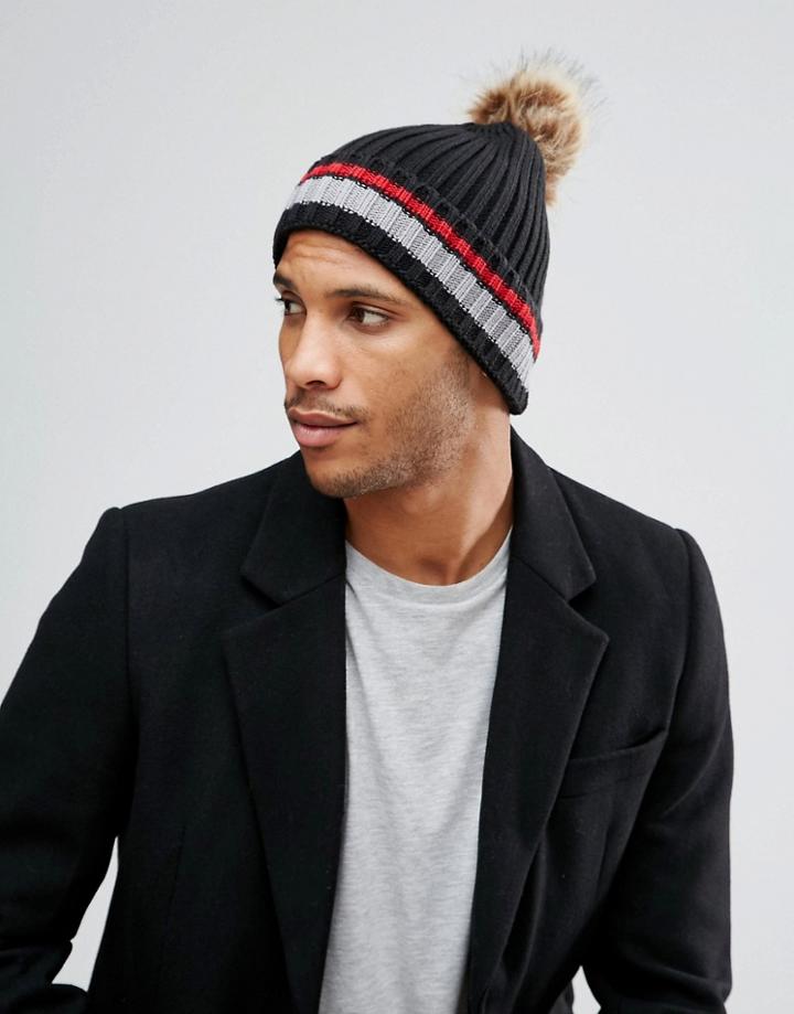 7x Beanie Hat With Fur Pom Pom - Red