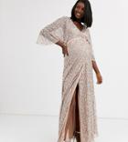 Maya Maternity Bridesmaid Delicate Sequin Wrap Maxi Dress In Taupe Blush