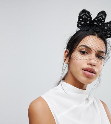 Ribbon & Asher Race Day Rose Veil Headband - Black
