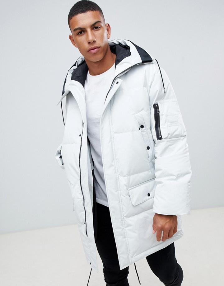 Hugo Belmu Down Padded Parka Jacket With Taped Logo Hood In White - White
