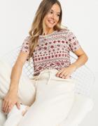 Monki Cotton Christmas T-shirt In Red Fairisle - Part Of A Set - Red