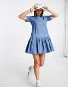 Asos Design Soft Denim Smock T-shirt Dress In Midwash-blues