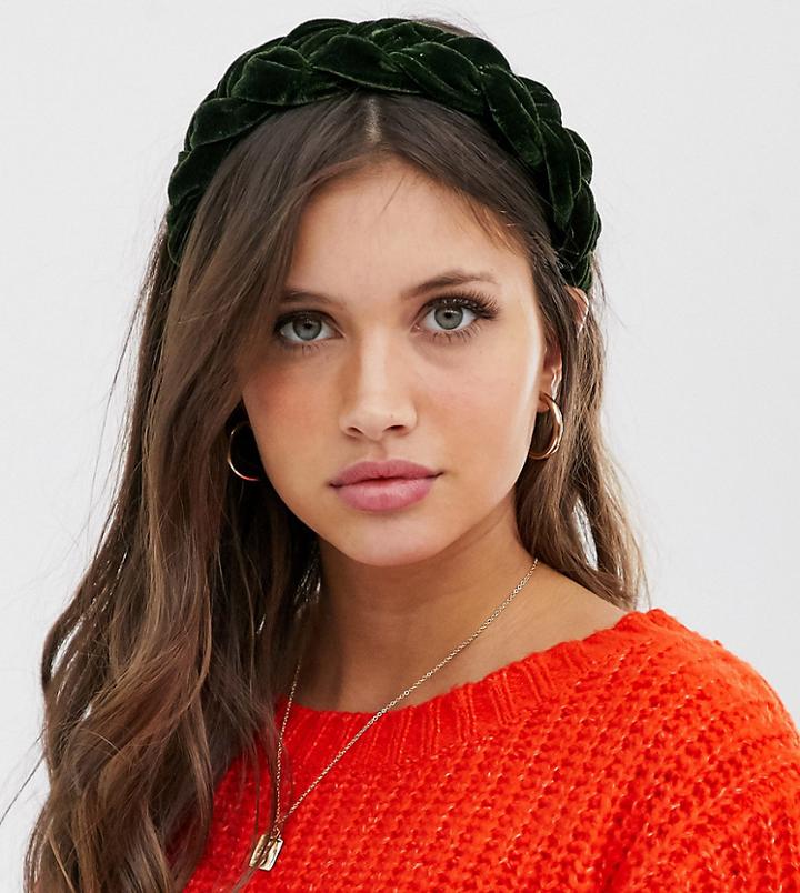 My Accessories London Exclusive Khaki Green Velvet Plaited Headband - Green