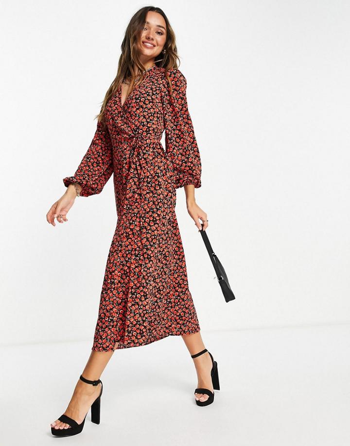 Glamorous Midi Wrap Dress In Red Rose Floral