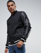 Asos Wool Mix Varsity Jacket With Leather Sleeves In Black - Black