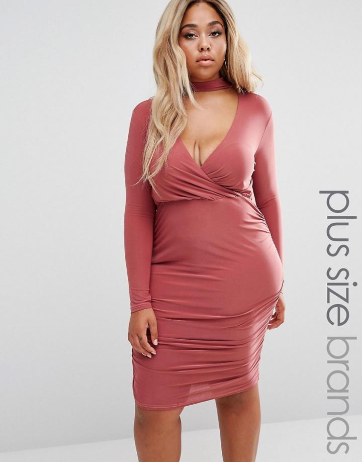 Club L Plus Slinky Ruched Dress With Wrap Front And Choker Detail - Purple