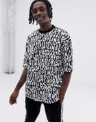 Asos Design Two-piece Oversized T-shirt With All Over Text Print And Half Sleeve-black
