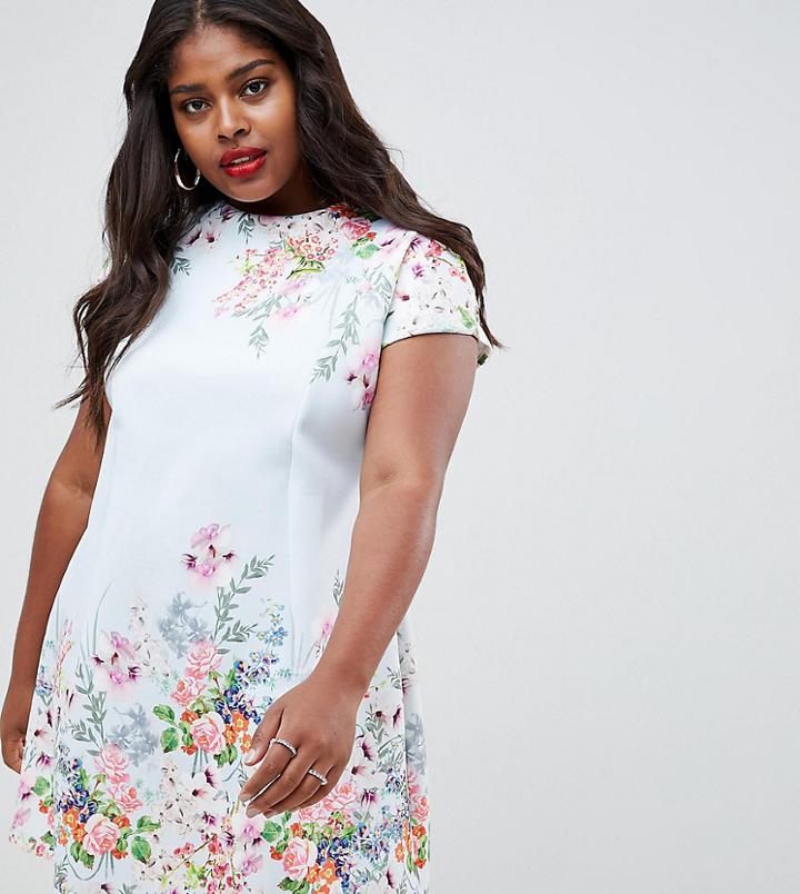 Asos Design Curve Placement Floral Shift Mini Dress-multi