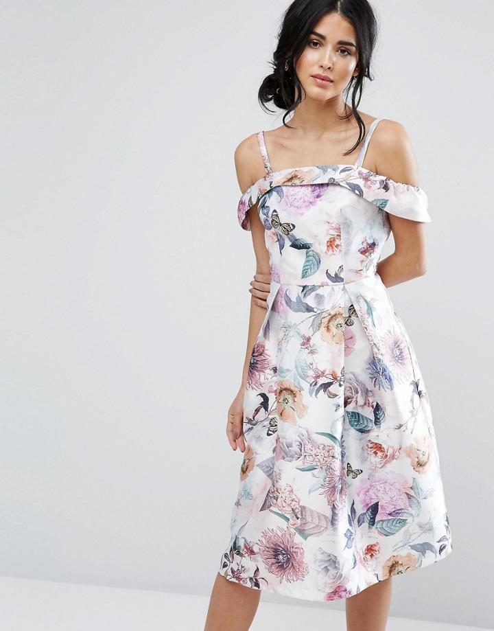 Chi Chi London Off Shoulder Floral Midi Dress In Sateen - Multi