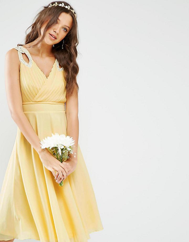 Tfnc Tall Wedding Prom Midi Dress With Embellished Shoulders - Yellow