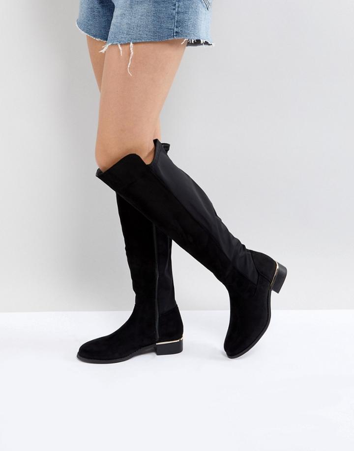 Park Lane Elastic Back Flat Over Knee Boot - Black
