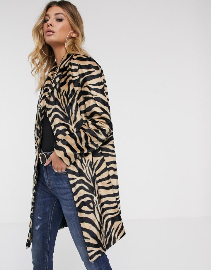 Helene Berman Faux Hair Coat In Zebra-multi